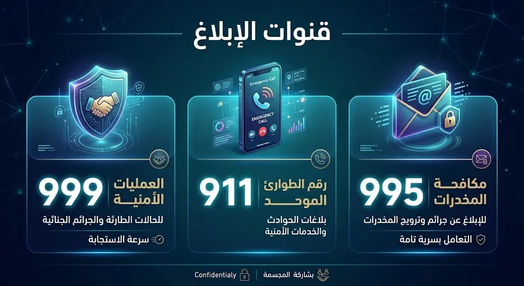 تصميم بياني يستعرض أرقام قنوات الإبلاغ الرسمية للجهات الأمنية ومكافحة المخدرات في المملكة.