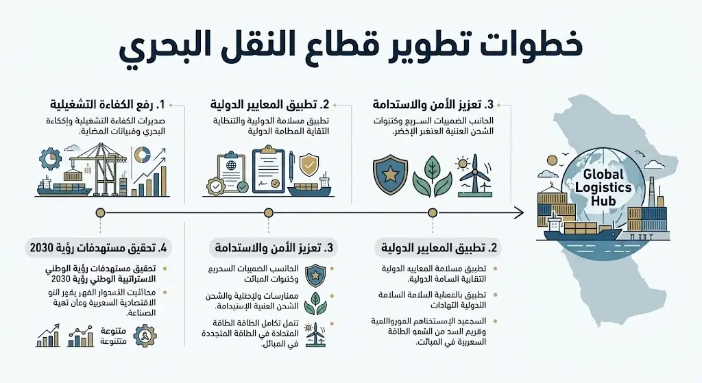 إنفوجرافيك يوضح الخطوات الاستراتيجية لتعزيز قطاع النقل البحري في المملكة العربية السعودية.