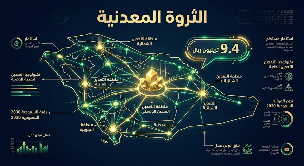 تصميم بصري إبداعي يعبر عن مستقبل قطاع الثروة المعدنية في السعودية، يبرز القيمة المستهدفة للثروات غير المستغلة والتي تقدر بـ 9.4 تريليون ريال سعودي.