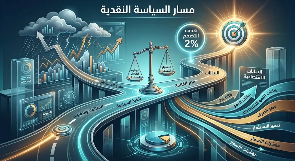 رسم بياني تعبيري يظهر مسار السياسة النقدية للبنك المركزي النيوزيلندي بهدف الوصول بالتضخم إلى مستوى 2%.
