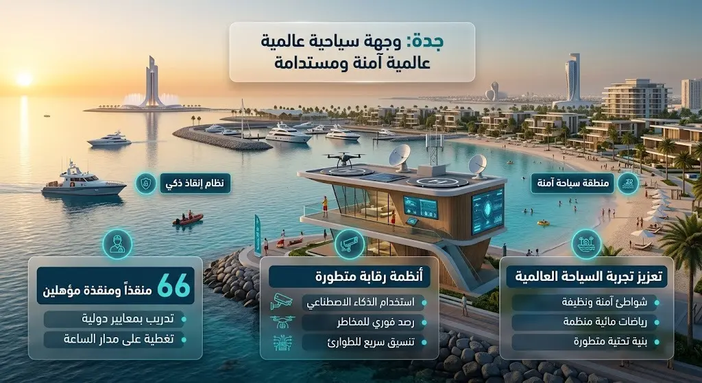 تصميم مرئي مستقبلي يستعرض الخطوات القادمة لأمانة جدة، يبرز نشر 66 منقذاً وتطوير أنظمة الرقابة البحرية.