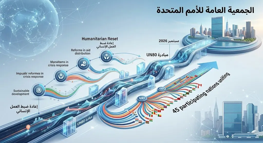 تصميم بصري يبرز خريطة الطريق والخطوات المتوقعة نحو الجمعية العامة للأمم المتحدة في سبتمبر 2026 ضمن مبادرة إعادة ضبط العمل الإنساني