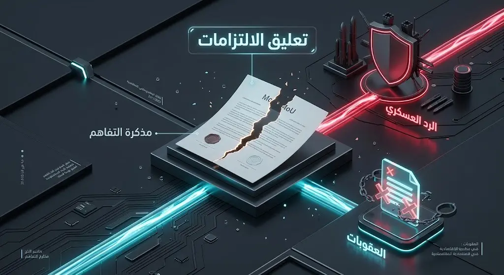 تصميم تعبيري يظهر تمزق مذكرة التفاهم وتصاعد خيارات الرد العسكري وتعليق الالتزامات