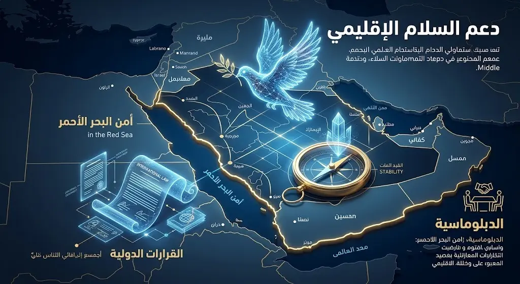 إنفوجرافيك إبداعي يستعرض المساعي الدبلوماسية لدعم السلام الإقليمي وتأمين الملاحة في منطقة البحر الأحمر ومواجهة التصعيد.