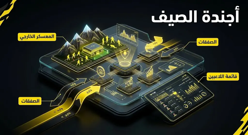 تصميم بصري يحاكي لوحة تكتيكية واجتماعات الإدارة الفنية لنادي الاتحاد، يبرز خطط المعسكر الصيفي، وتحديد قائمة اللاعبين، وحسم الصفقات الجديدة.
