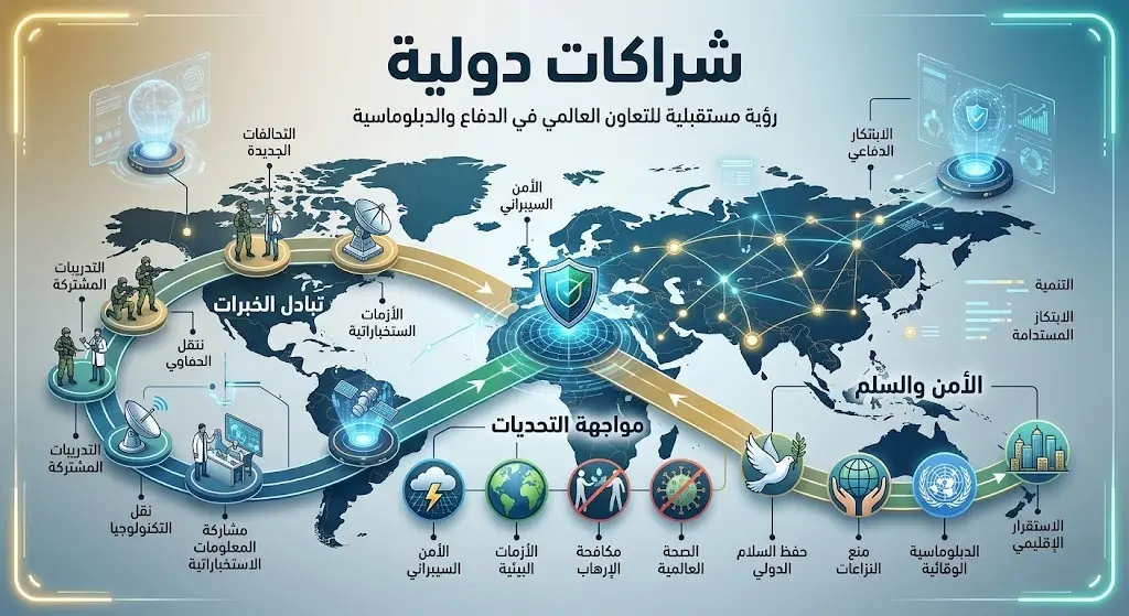 تصميم إبداعي يبرز الخطوات المستقبلية للشراكات الدولية والجهود الدبلوماسية لتعزيز الأمن والسلم.