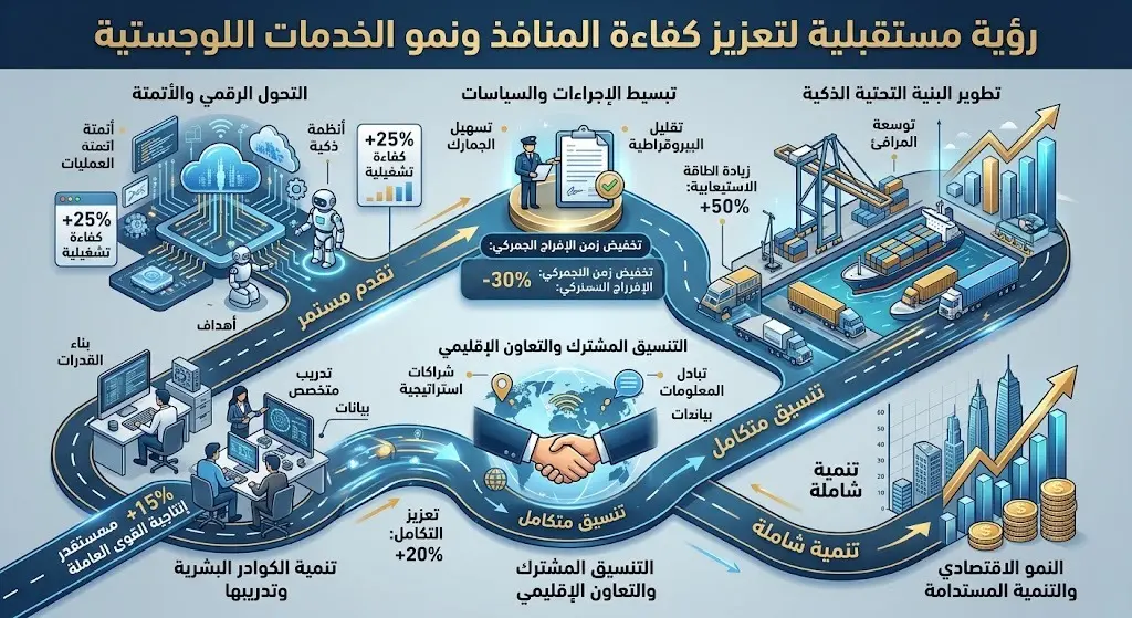 إنفوجرافيك يستعرض الخطوات المستقبلية والجهود المشتركة لرفع كفاءة المنافذ البرية وتطوير القطاع اللوجستي.