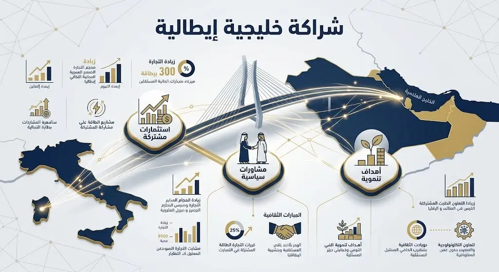 إنفوجرافيك إبداعي يعبر عن الشراكة الاستراتيجية ومسارات التعاون المستقبلي بين دول مجلس التعاون الخليجي وإيطاليا في المجالات السياسية والاقتصادية.