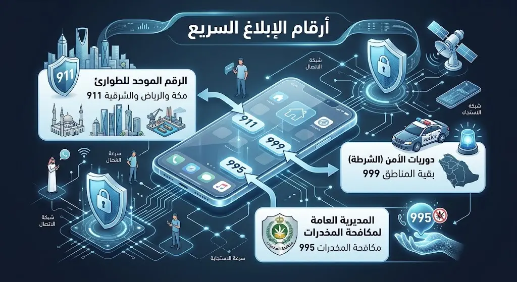 بطاقة معلومات بصرية تستعرض أرقام الطوارئ وقنوات التواصل الرسمية للإبلاغ عن المخدرات في المملكة العربية السعودية.