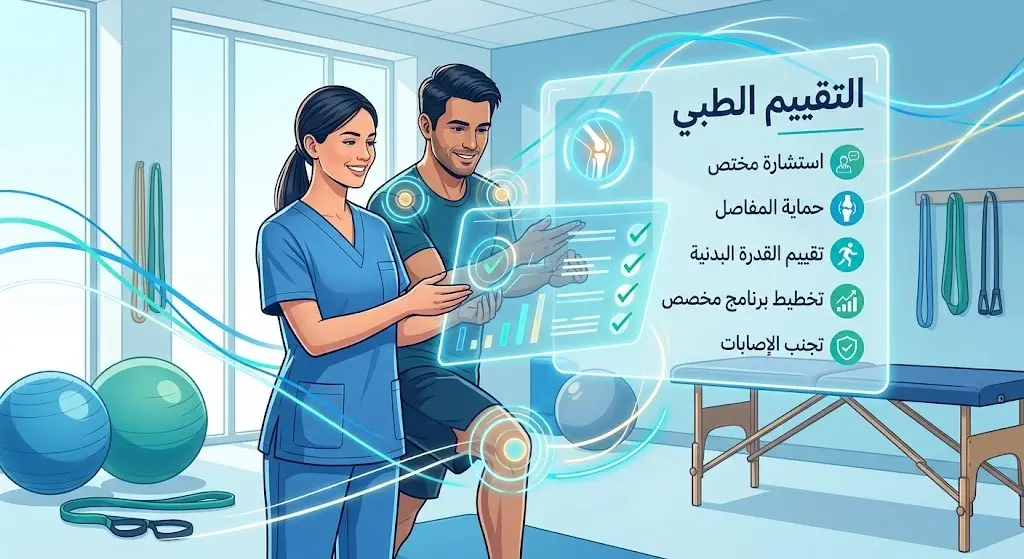 رسم تعبيري يظهر أهمية استشارة أخصائي العلاج الطبيعي لتقييم الحالة الصحية قبل البدء ببرامج النشاط البدني.