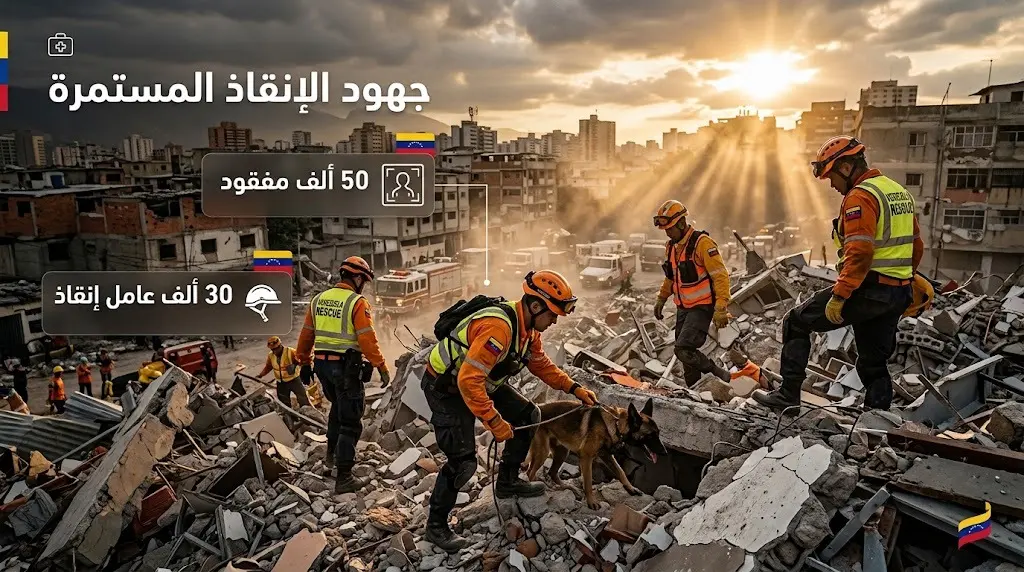 تصميم يدمج بين مشهد لعمليات الإنقاذ وسط الأنقاض وبطاقات معلوماتية تبرز حجم جهود الإغاثة وأعداد المفقودين