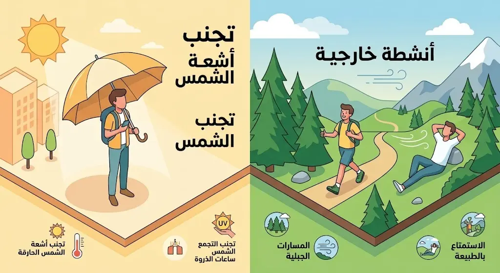 رسم توضيحي يعرض الإرشادات الوقائية للتعامل مع الطقس، مقسماً بين تجنب أشعة الشمس المباشرة في المدن الحارة، وممارسة الأنشطة الخارجية في المرتفعات المعتدلة.