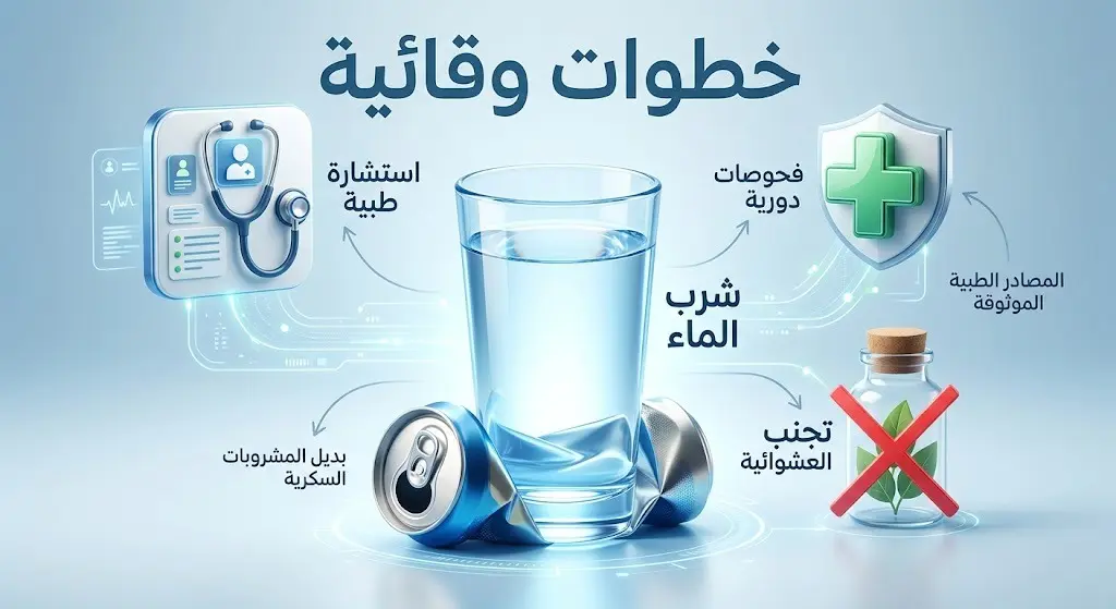 تصميم مرئي يبرز الخطوات الوقائية كاستشارة الطبيب المختص واستبدال المشروبات الغازية بالماء للحفاظ على الصحة
