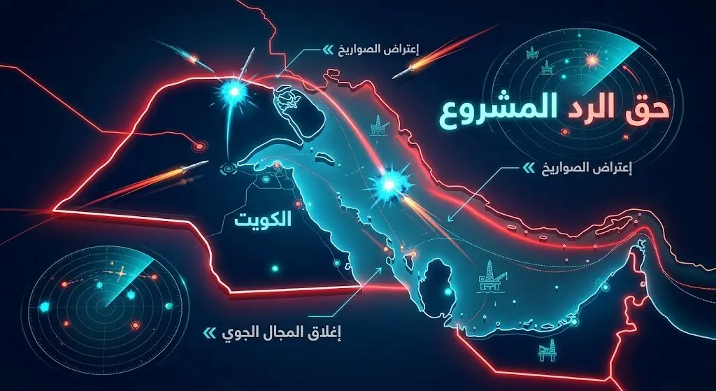 تصميم فني يجسد مفهوم الخطوط الحمراء وحماية السيادة، يظهر منظومات دفاع جوي تعترض تهديدات صاروخية مع نصوص عربية توضيحية.