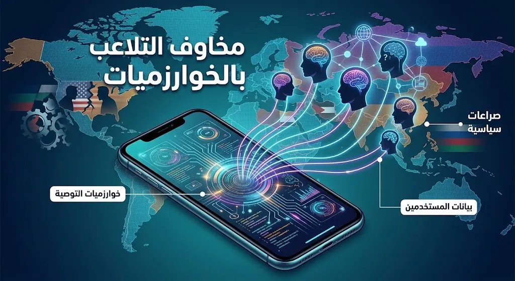 رسم تعبيري يجسد التلاعب بالخوارزميات والخلفيات السياسية المرتبطة بجمع بيانات المستخدمين وتوجيههم.