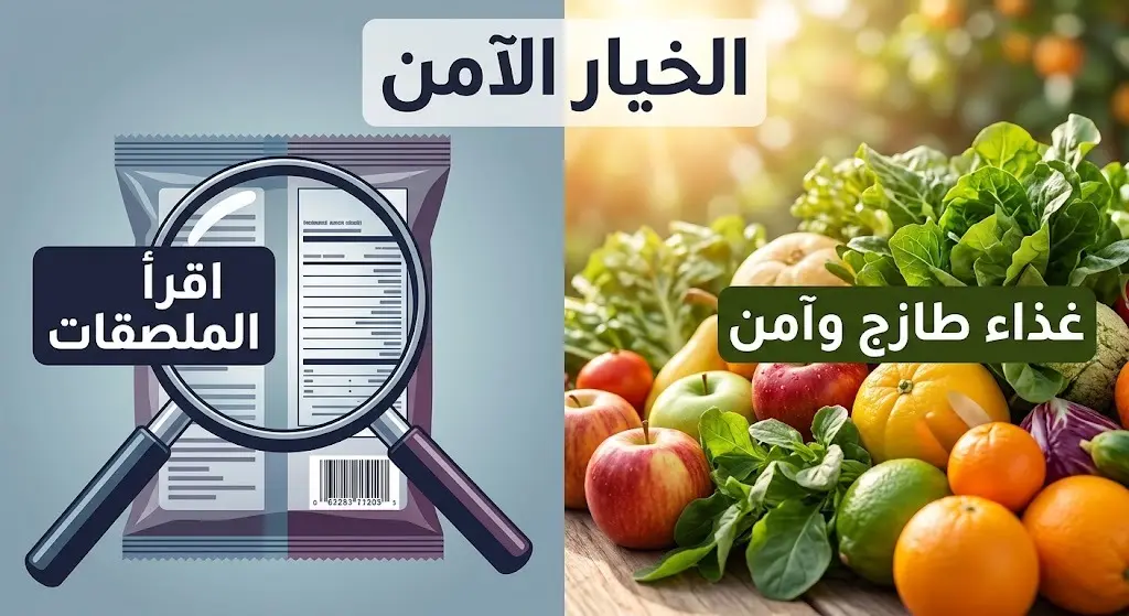 صورة مقارنة توضح أهمية قراءة ملصقات الأغذية المصنعة مقابل التركيز على الفواكه والخضراوات الطازجة كبديل صحي آمن.
