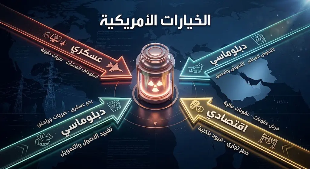 رسم بياني يوضح خيارات الضغط الأمريكية العسكرية والدبلوماسية والاقتصادية للتعامل مع ملف الغبار النووي الإيراني.