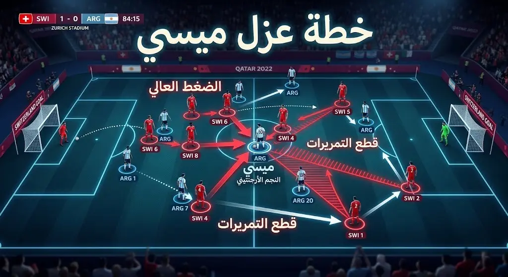 رسم تكتيكي يوضح خطة منتخب سويسرا لفرض الضغط العالي وقطع التمريرات لتعطيل خطورة الأرجنتين