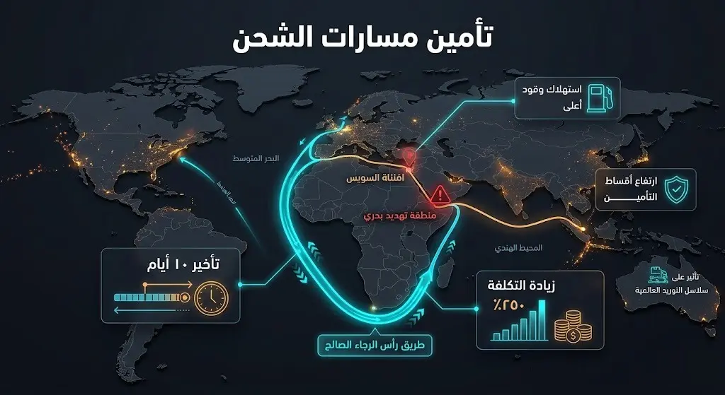 إنفوجرافيك بياني يوضح تحول مسارات الشحن البحري إلى طريق رأس الرجاء الصالح مع إبراز التكلفة الإضافية والتأخير الزمني.