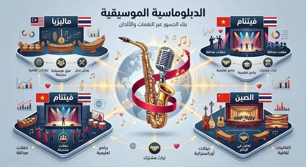 إنفوجرافيك إبداعي يبرز استخدام رئيس الوزراء التايلاندي للموسيقى كأداة ناعمة في الدبلوماسية مع الصين وماليزيا وفيتنام