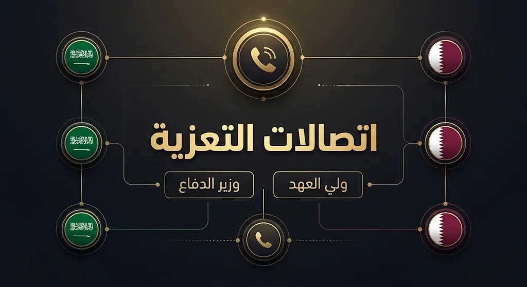 تصميم تعبيري يوضح سلسلة الاتصالات الرسمية من القيادة السعودية لتقديم واجب العزاء للقيادة القطرية.