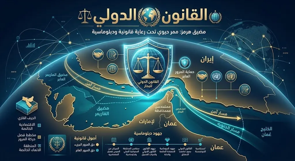 تصميم إنفوجرافيك يوضح خريطة مضيق هرمز ومسارات الملاحة البحرية مع رموز تعبر عن القانون الدولي والأمن البحري.