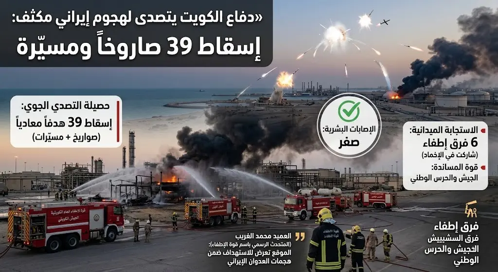 الدفاع الكويتية تعلن التصدي لهجوم إيراني مكثف وإسقاط 39 صاروخاً ومسيّرة معادية