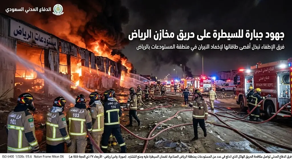الدفاع المدني يواصل جهوده للسيطرة على حريق مخازن الرياض ويؤكد عدم تسجيل إصابات بشرية