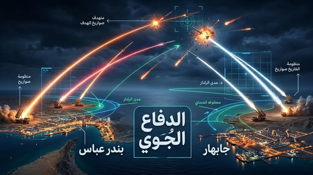 تصميم بصري يدمج بين المشهد الميداني والبيانات، يظهر إطلاق صواريخ الدفاع الجوي ليلاً في سماء بندر عباس وجابهار للتصدي للهجمات.