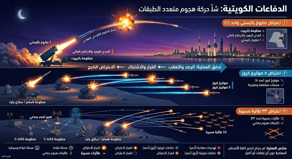 إنفوجرافيك يوضح تصدي الدفاعات الجوية الكويتية لصواريخ ومسيرات معادية مع تفاصيل أعداد الأهداف التي تم اعتراضها.