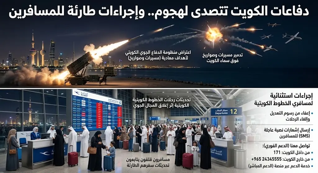 الدفاعات الجوية الكويتية تتصدى لمسيرات وصواريخ معادية والخطوط الجوية تعلن إجراءات استثنائية للمسافرين