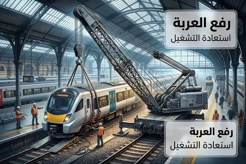 مشهد يوضح استخدام أوناش ضخمة لرفع العربة الأولى من القطار الجانح وإعادتها إلى مسارها على القضبان.