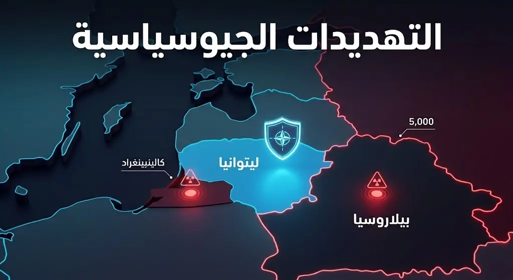 خريطة إنفوجرافيك ثلاثية الأبعاد توضح موقع ليتوانيا الجغرافي المحاذي لبيلاروسيا وكالينينغراد ومراكز التهديدات الأمنية.