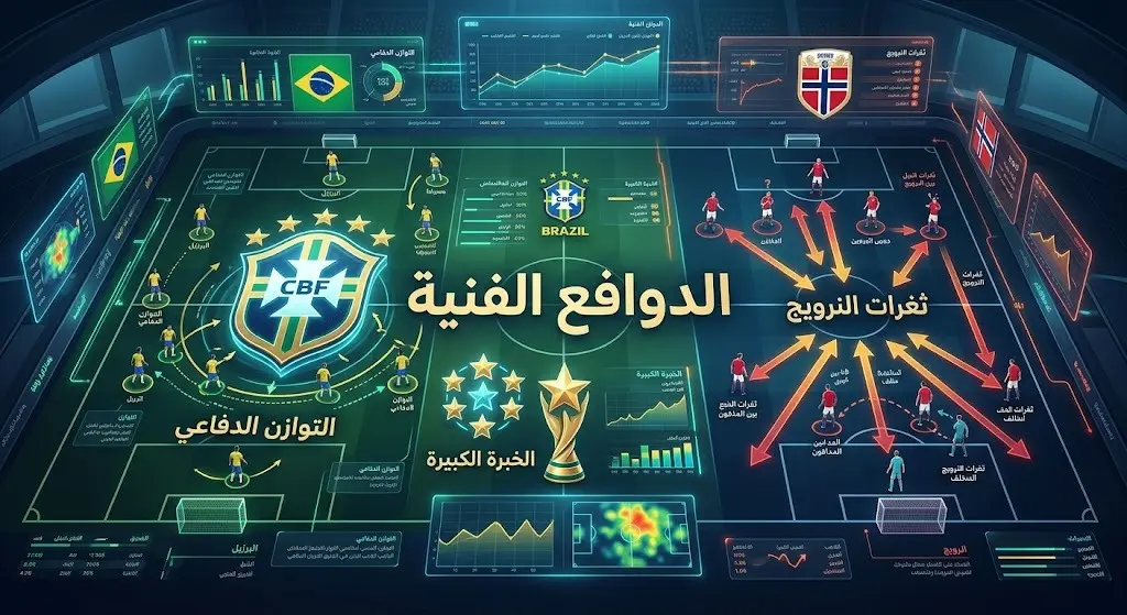 تصميم تحليلي تكتيكي يبرز نقاط قوة المنتخب البرازيلي المتمثلة في التوازن الدفاعي والخبرة، مقابل استغلال الثغرات الدفاعية للمنتخب النرويجي.