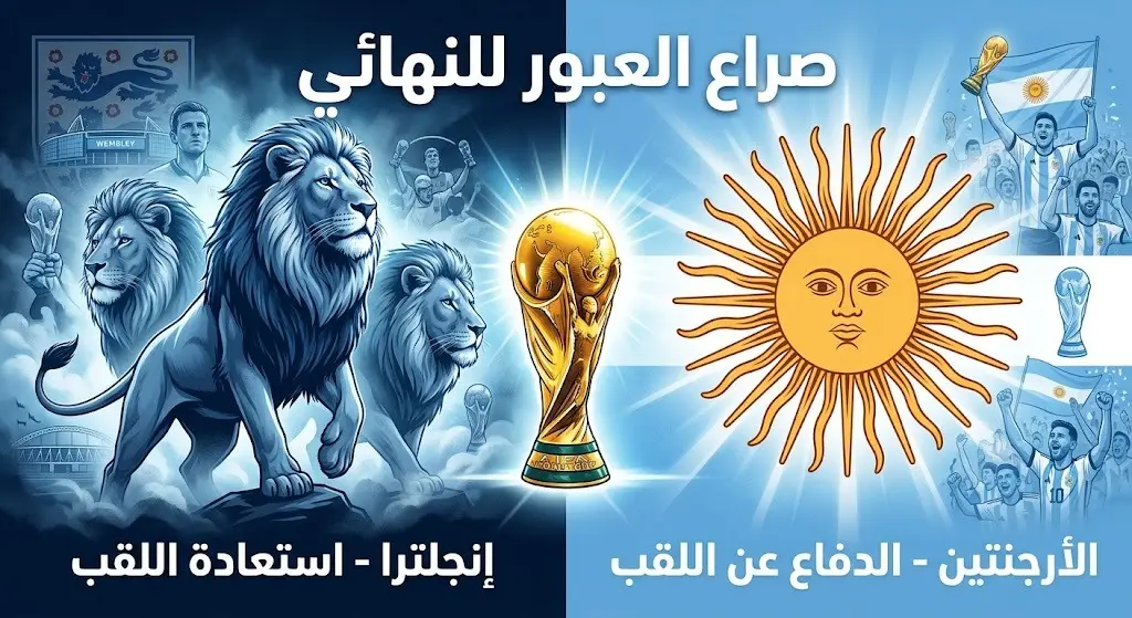 تصميم بصري منقسم يبرز دوافع منتخبي إنجلترا والأرجنتين للوصول إلى نهائي كأس العالم 2026، يتوسطه كأس العالم.