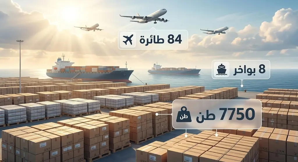 تصميم فني يدمج بين المشهد التعبيري والبيانات لإظهار حجم المساعدات الإنسانية السعودية، موضحاً أعداد الطائرات والبواخر الإغاثية.