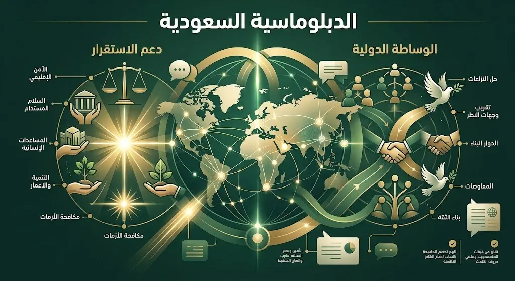 إنفوجرافيك يعبر عن الدور السعودي المحوري في دعم الدبلوماسية الدولية وتفعيل جهود الوساطة لاحتواء الأزمات الإقليمية.