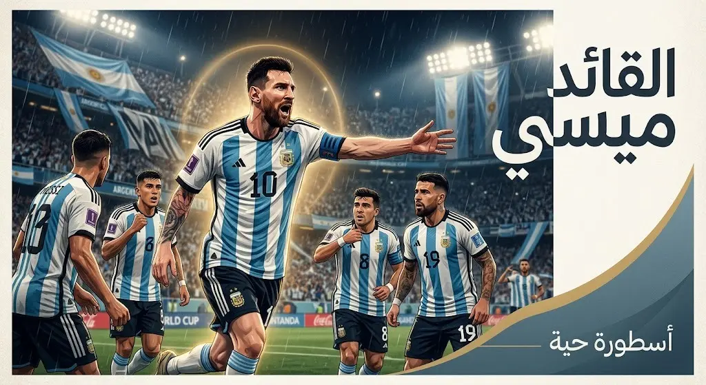 تصميم يبرز الدور القيادي لليونيل ميسي مع منتخب الأرجنتين وتأثيره المعنوي الكبير على اللاعبين