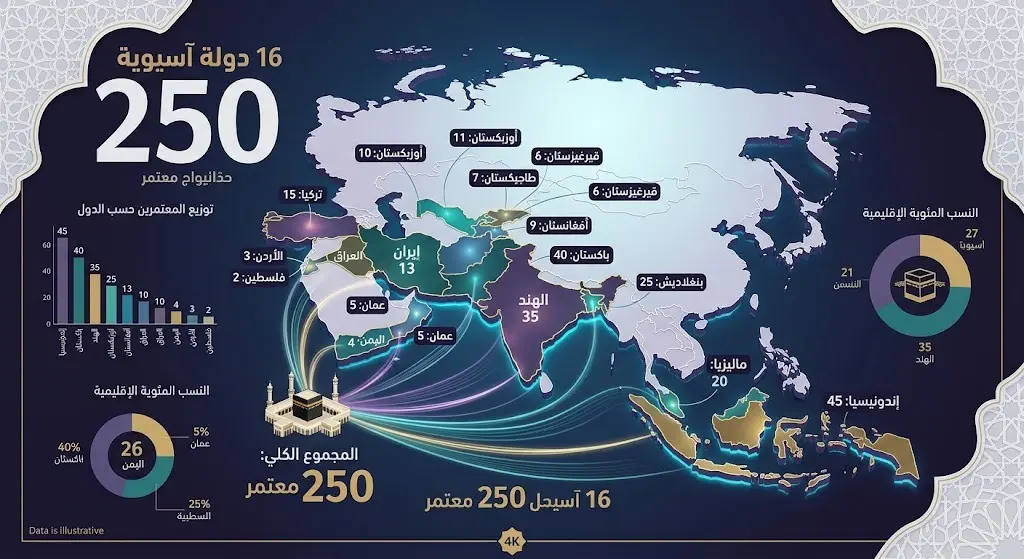 إنفوجرافيك إبداعي يستعرض خريطة قارة آسيا والدول الـ 16 المشمولة في برنامج الاستضافة للعمرة بمشاركة 250 معتمراً.