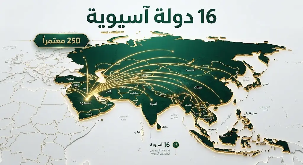 إنفوجرافيك يوضح خريطة قارة آسيا والدول الـ 16 الممثلة في الدفعة الأولى من برنامج ضيوف خادم الحرمين الشريفين للعمرة والزيارة.