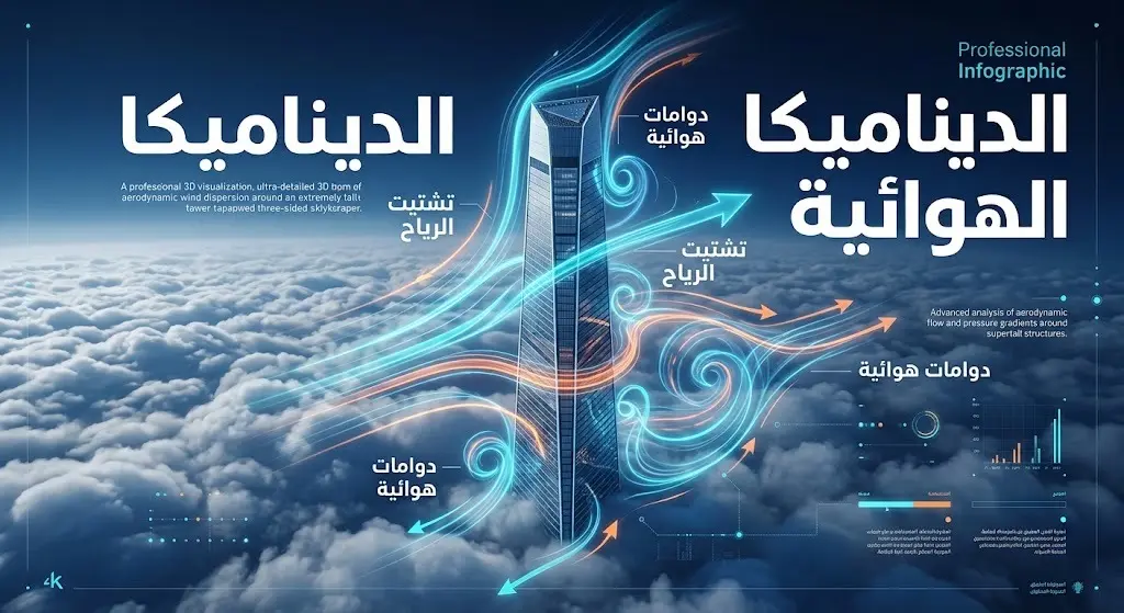 رسم توضيحي لبرج جدة يظهر حركة الرياح وكيفية تشتت الهواء حول التصميم المدبب للبرج.