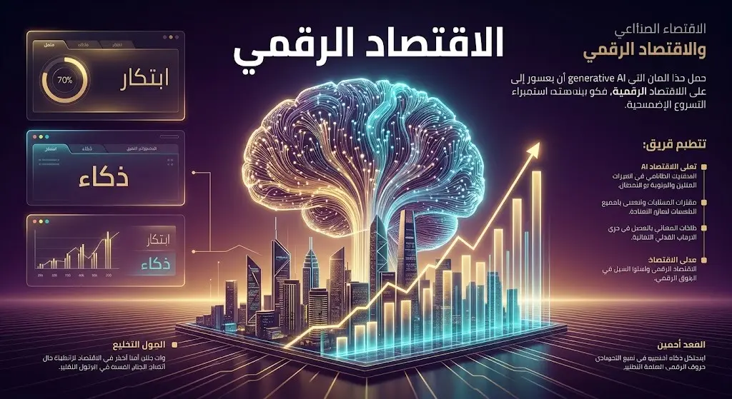 تصميم بصري مبتكر يعبر عن دمج الذكاء الاصطناعي التوليدي بالاقتصاد الرقمي وتوظيف التقنيات الناشئة