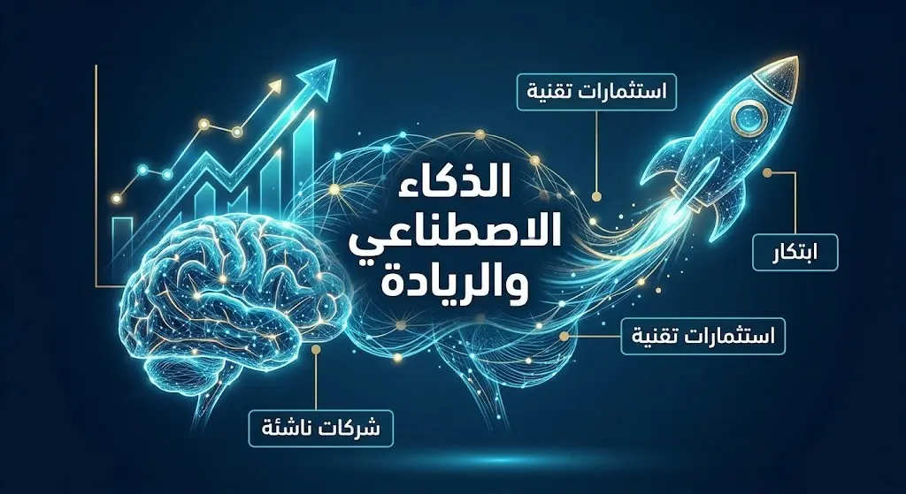 صورة تعبيرية وإنفوجرافيك يوضح دور الذكاء الاصطناعي في دعم الشركات الناشئة وتعزيز الاستثمارات التقنية.