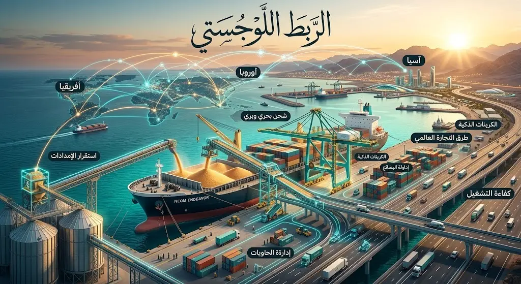 تصميم فني يبرز البنية التحتية لميناء نيوم وتكامل شبكات الشحن البحري والبري لربط الإمدادات.