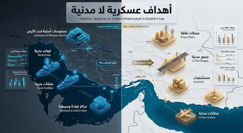 إنفوجرافيك يوضح الرد الأميركي ويقارن بين الأهداف العسكرية للحرس الثوري والمرافق المدنية التي تم تجنبها.