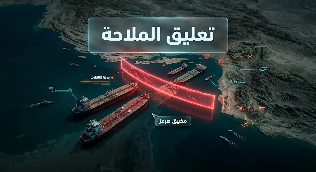 خريطة بصرية ثلاثية الأبعاد لمضيق هرمز تظهر سفن شحن متوقفة وحاجزاً مضيئاً يرمز لتعليق الملاحة مع نصوص عربية توضيحية.
