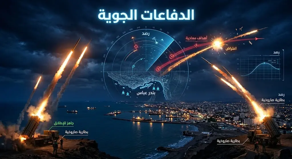 تصميم إبداعي يدمج الواقعية بالإنفوجرافيك لانطلاق صواريخ الدفاع الجوي في سماء مدينة ساحلية ليلًا