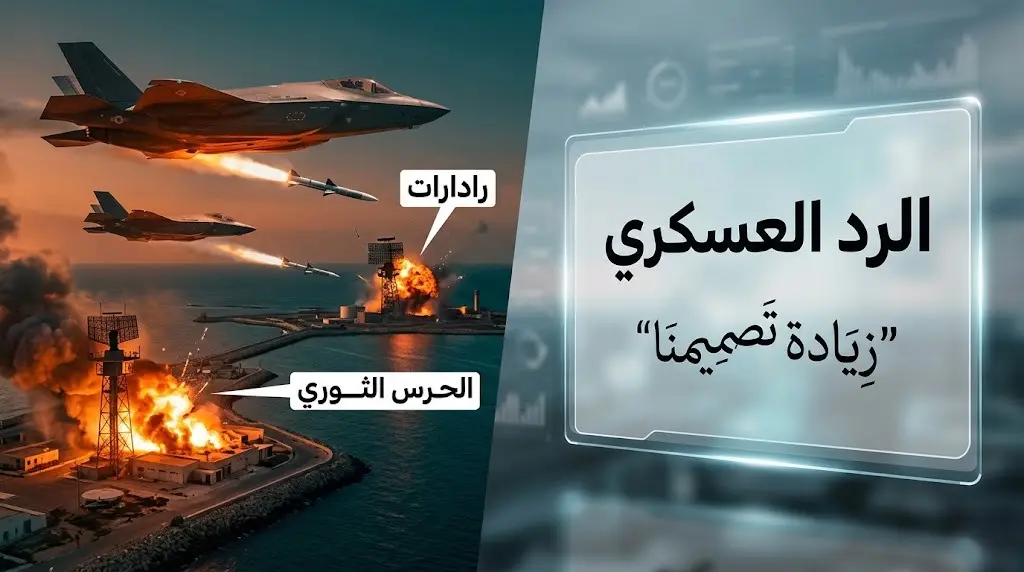 تصميم بصري يجسد الضربات الجوية الأمريكية على الرادارات الإيرانية ومواقع الحرس الثوري مع اقتباس لوزير الدفاع.
