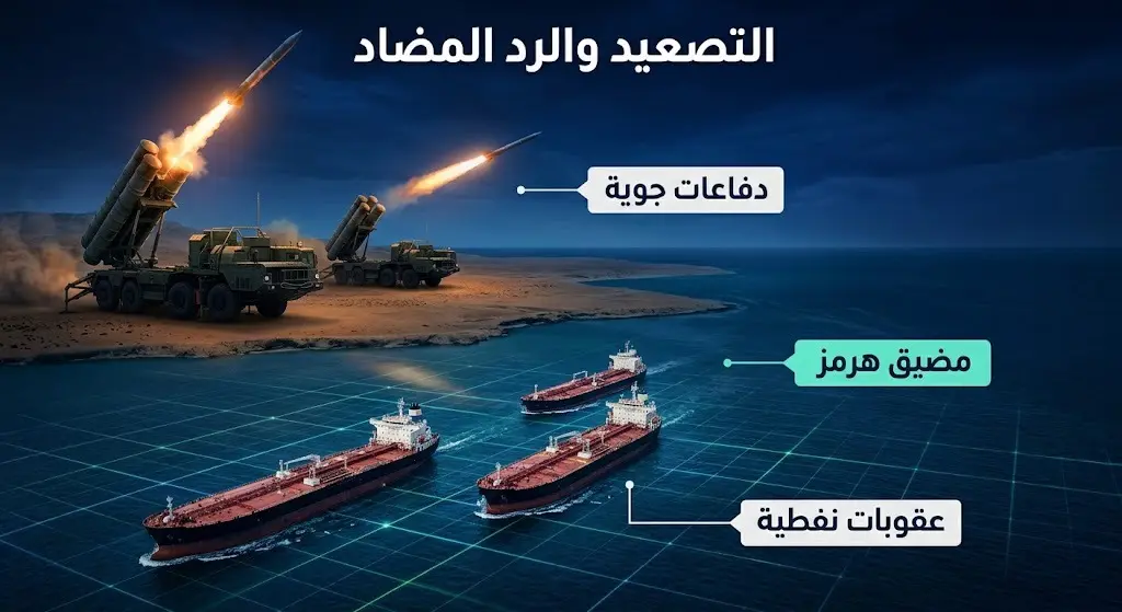 تصميم مرئي يجسد تصدي الدفاعات الجوية للهجمات بالتزامن مع الضربات الأمريكية المضادة وحادثة ناقلات النفط في مضيق هرمز.