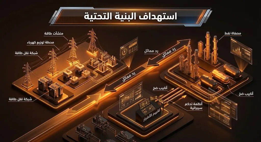 إنفوجرافيك يوضح التهديدات المتبادلة باستهداف البنية التحتية ومنشآت الطاقة كجزء من الردع العسكري.